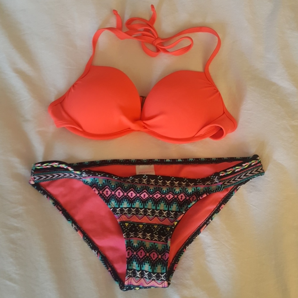 Bright coral/tribal push up halter bikini